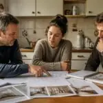 Συμβολική απεικόνιση οικογένειας που εξετάζει έγγραφα ανακαίνισης σε παλαιότερο διαμέρισμα στη Γερμανία.