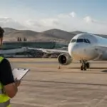 Symbolbild eines Flugzeugs auf einem griechischen Flughafen mit einem Mitarbeiter auf dem Vorfeld
