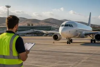 Symbolbild eines Flugzeugs auf einem griechischen Flughafen mit einem Mitarbeiter auf dem Vorfeld