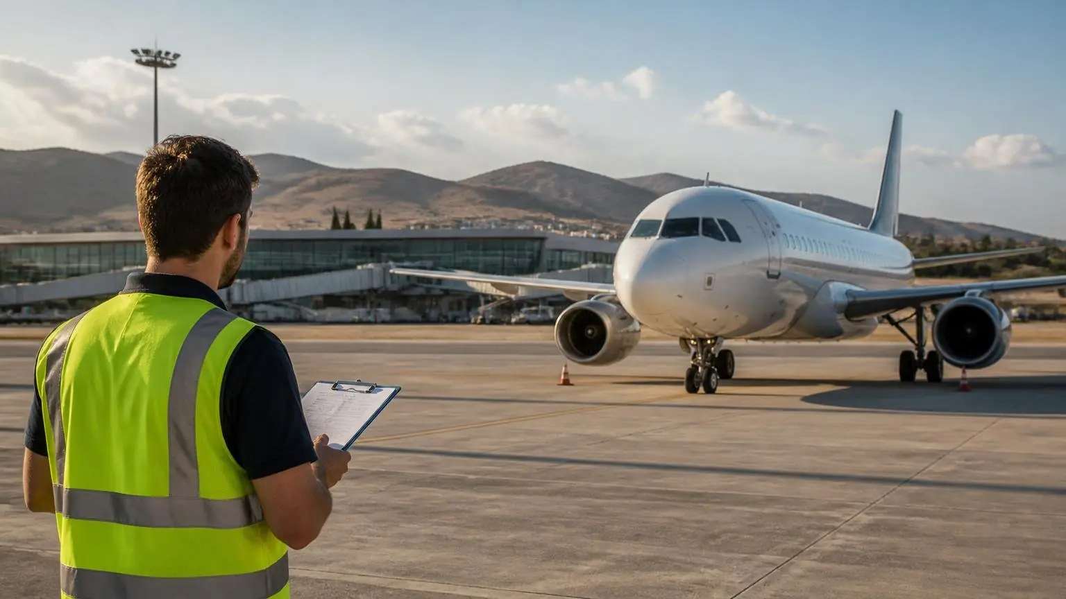 Symbolbild eines Flugzeugs auf einem griechischen Flughafen mit einem Mitarbeiter auf dem Vorfeld