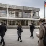 Συμβολική απεικόνιση του Ομοσπονδιακού Συνταγματικού Δικαστηρίου στην Καρλσρούη με περαστικούς στο προαύλιο