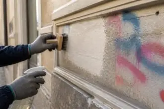 Χέρια με προστατευτικά γάντια καθαρίζουν χρώμα από εξωτερικό τοίχο με γκράφιτι.