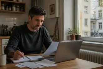 Άτομο εξετάζει έξοδα νοικοκυριού σε διαμέρισμα στη Γερμανία, συμβολική εικόνα για το διάμεσο εισόδημα και τη μεσαία τάξη