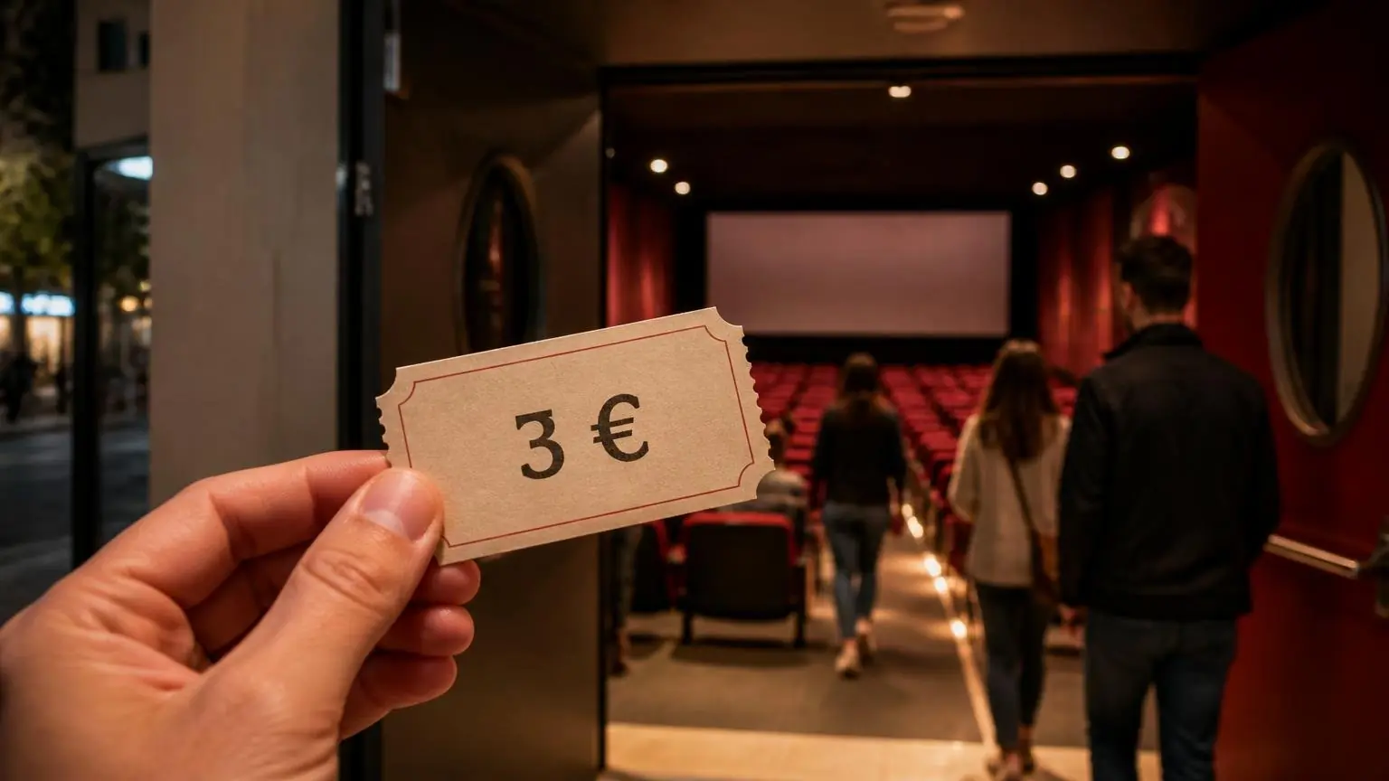 Symbolische Darstellung eines Kinotickets für drei Euro am Eingang eines Kinosaals