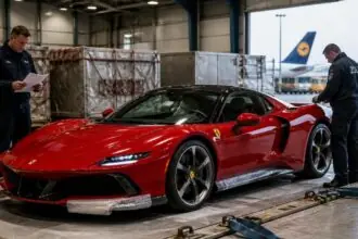Κόκκινη Ferrari σε συμβολικό έλεγχο από τελωνειακούς σε χώρο αεροπορικού φορτίου.