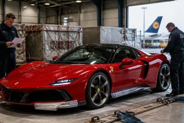 Κόκκινη Ferrari σε συμβολικό έλεγχο από τελωνειακούς σε χώρο αεροπορικού φορτίου.