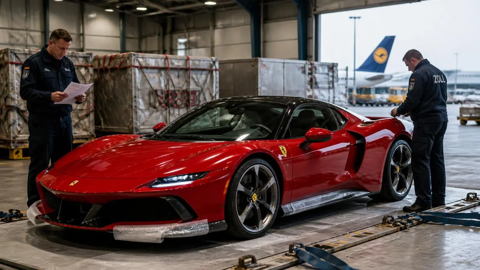 Κόκκινη Ferrari σε συμβολικό έλεγχο από τελωνειακούς σε χώρο αεροπορικού φορτίου.