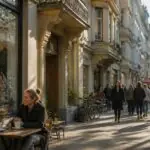 Συμβολική απεικόνιση δρόμου στη Βελγική Συνοικία της Κολωνίας με καφέ, καταστήματα και πεζούς