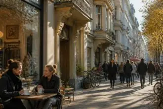 Συμβολική απεικόνιση δρόμου στη Βελγική Συνοικία της Κολωνίας με καφέ, καταστήματα και πεζούς