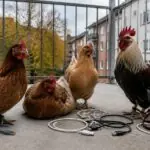 Συμβολική απεικόνιση τεσσάρων οικόσιτων πτηνών σε μπαλκόνι με καλώδια USB και σχοινιά