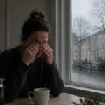 Κουρασμένη γυναίκα δίπλα σε παράθυρο, με συννεφιασμένο χειμωνιάτικο δρόμο στην Ολλανδία στο βάθος.