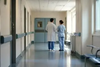 Symbolbild eines ruhigen Krankenhausflurs mit medizinischem Personal