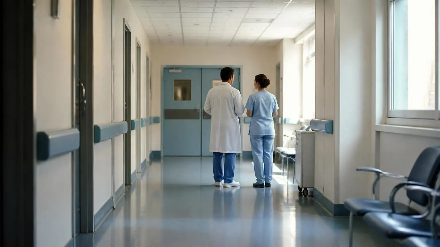 Symbolbild eines ruhigen Krankenhausflurs mit medizinischem Personal