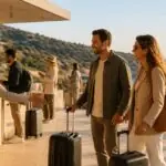 Urlaubsgäste mit Gepäck an einem Hotel auf Kreta im Herbst, symbolisch dargestellt