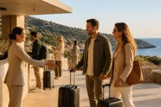 Urlaubsgäste mit Gepäck an einem Hotel auf Kreta im Herbst, symbolisch dargestellt