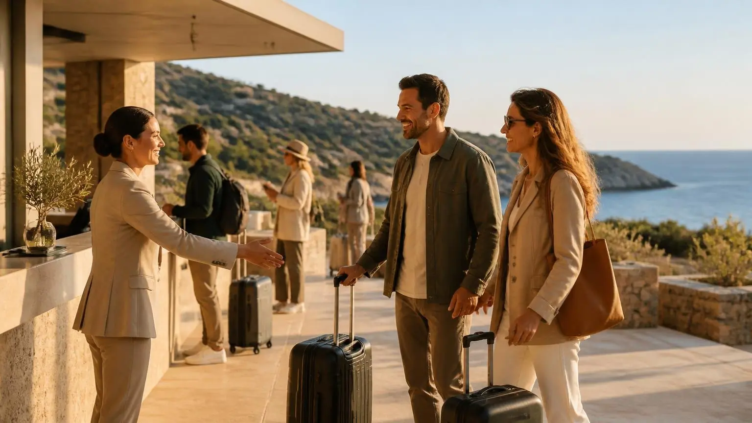 Urlaubsgäste mit Gepäck an einem Hotel auf Kreta im Herbst, symbolisch dargestellt