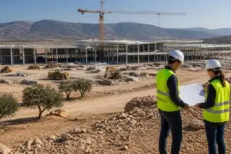 Ingenieure auf einer symbolisch dargestellten Flughafenbaustelle auf Kreta