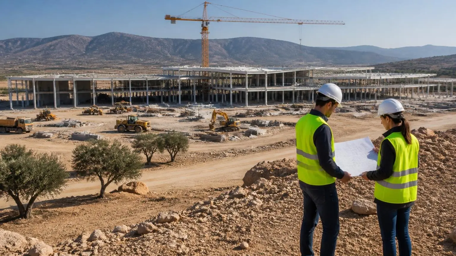 Ingenieure auf einer symbolisch dargestellten Flughafenbaustelle auf Kreta