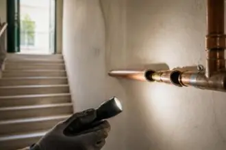 Symbolbild eines beschädigten Kupferrohrs an einer Gasleitung in einem Treppenhaus