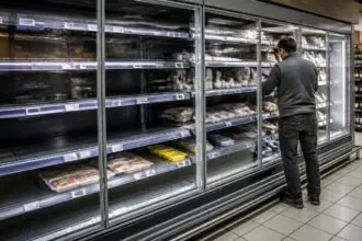 Μισοάδειο ψυγείο τροφίμων σε σούπερ μάρκετ και εργαζόμενος που ελέγχει τα ράφια