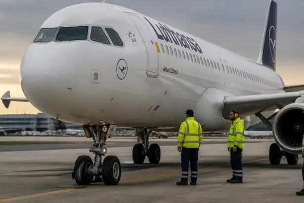 Συμβολική εικόνα αεροσκάφους της Lufthansa με φθαρμένο ελαστικό στο μπροστινό σύστημα προσγείωσης