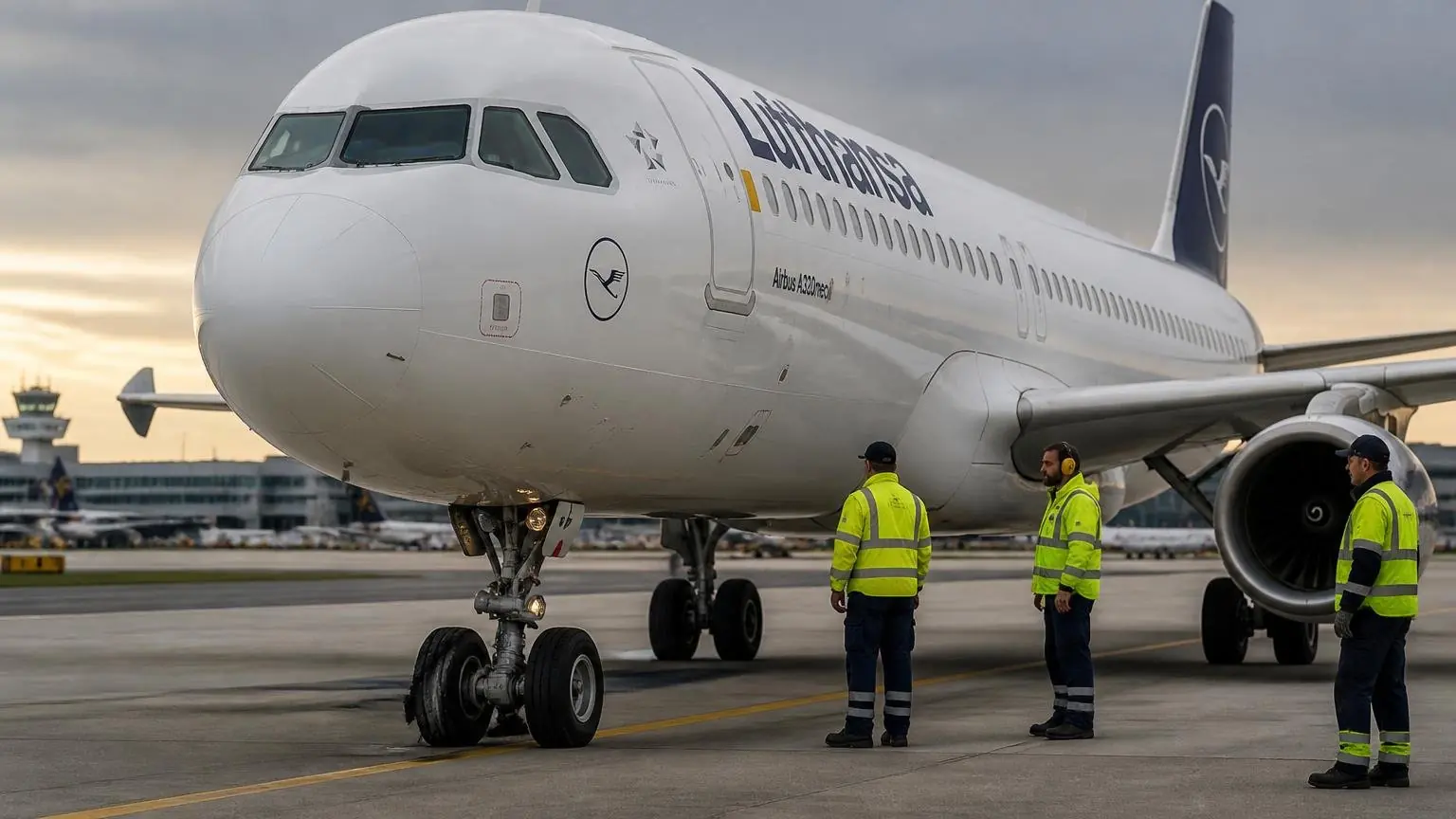Συμβολική εικόνα αεροσκάφους της Lufthansa με φθαρμένο ελαστικό στο μπροστινό σύστημα προσγείωσης