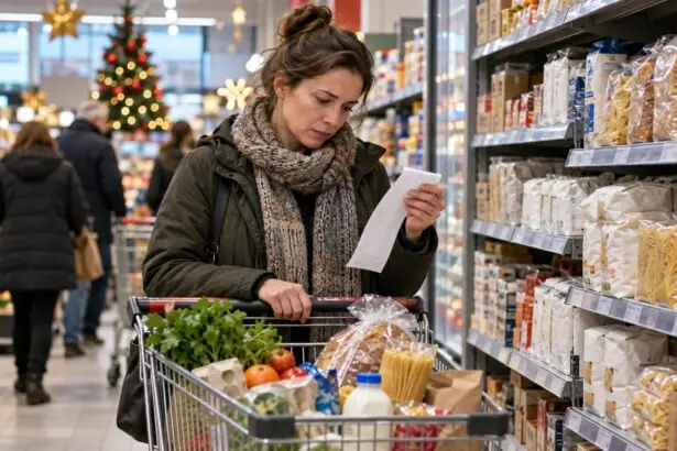 Καταναλωτής σε σούπερ μάρκετ στη Γερμανία κοιτάζει την απόδειξη αγορών, καθώς αυξάνεται η πίεση στις τιμές τροφίμων πριν από τα Χριστούγεννα.
