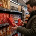 Συσκευασίες σοκολάτας Lindt και χριστουγεννιάτικα προϊόντα σε ράφι ελβετικού σούπερ μάρκετ