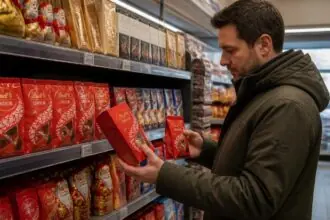 Συσκευασίες σοκολάτας Lindt και χριστουγεννιάτικα προϊόντα σε ράφι ελβετικού σούπερ μάρκετ