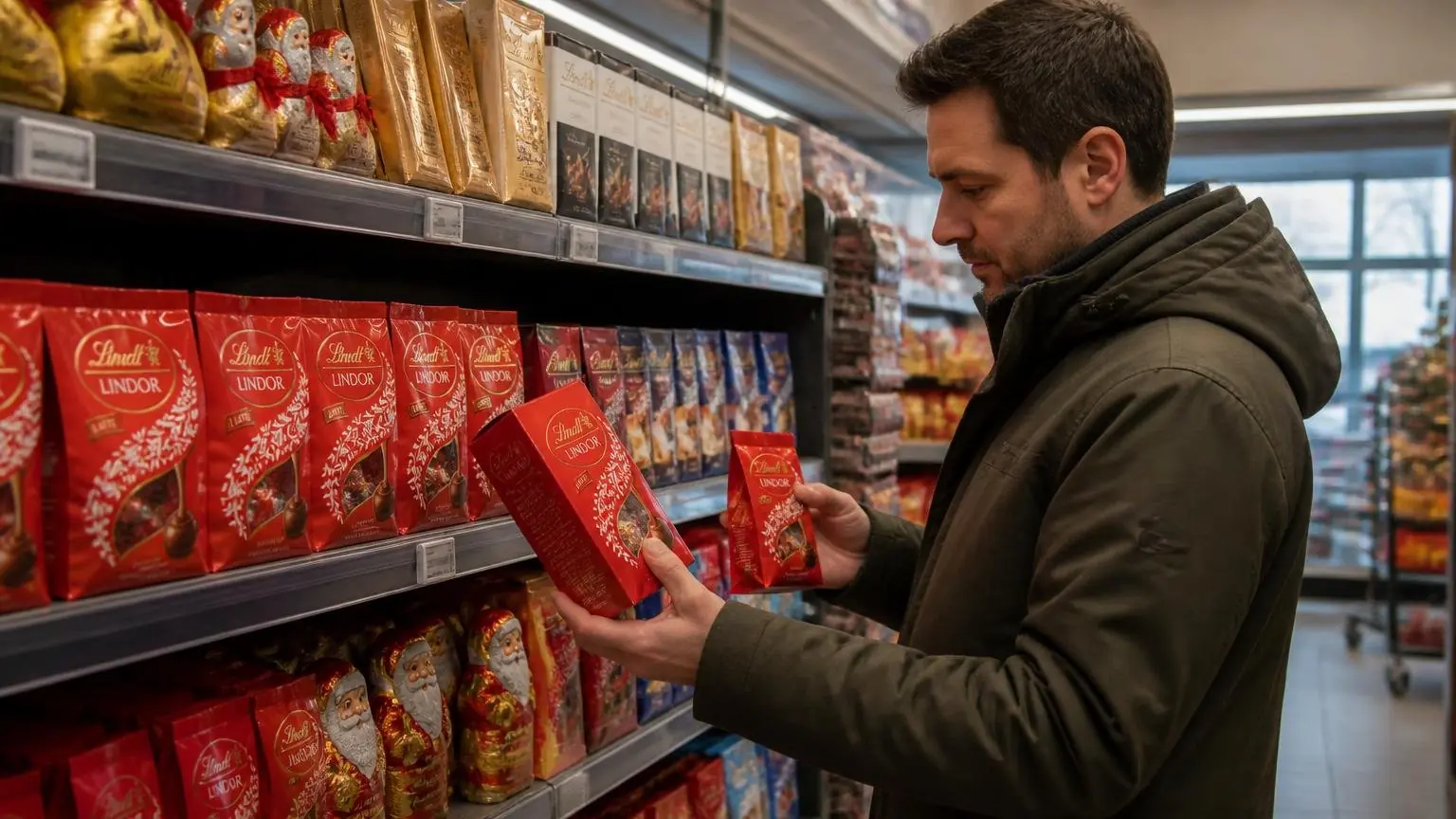 Συσκευασίες σοκολάτας Lindt και χριστουγεννιάτικα προϊόντα σε ράφι ελβετικού σούπερ μάρκετ