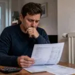 Ένοικος κατοικίας στη Γερμανία εξετάζει λογαριασμό φυσικού αερίου δίπλα σε θερμαντικό σώμα.