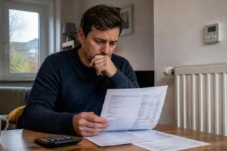 Ένοικος κατοικίας στη Γερμανία εξετάζει λογαριασμό φυσικού αερίου δίπλα σε θερμαντικό σώμα.