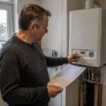 Ένοικος κατοικίας στη Γερμανία ελέγχει τον λέβητα φυσικού αερίου κρατώντας λογαριασμό ενέργειας.