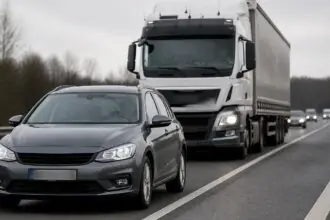 Επιβατικό αυτοκίνητο κοντά σε διαχωριστική γραμμή λωρίδων με φορτηγό σε γερμανικό δρόμο, σε συμβολική εικόνα