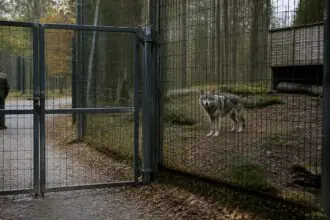 Γκρίζος λύκος πίσω από περίφραξη σε πάρκο άγριας ζωής στη Γερμανία, συμβολική εικόνα