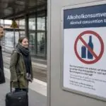 Συμβολική απεικόνιση πινακίδας απαγόρευσης αλκοόλ σε γερμανικό σιδηροδρομικό σταθμό με αγγλικό ορθογραφικό λάθος