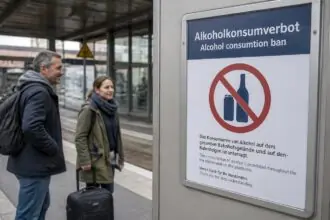 Συμβολική απεικόνιση πινακίδας απαγόρευσης αλκοόλ σε γερμανικό σιδηροδρομικό σταθμό με αγγλικό ορθογραφικό λάθος