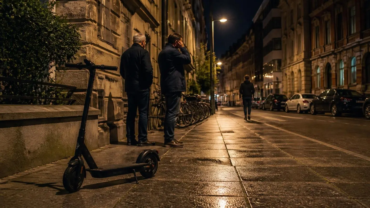 Συμβολική νυχτερινή σκηνή με ηλεκτρικό πατίνι και πεζούς σε δρόμο του Μάνχαϊμ