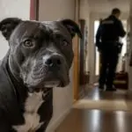 Συμβολική απεικόνιση σκύλου Staffordshire Bull Terrier σε κατοικία με αστυνομική παρουσία στο φόντο