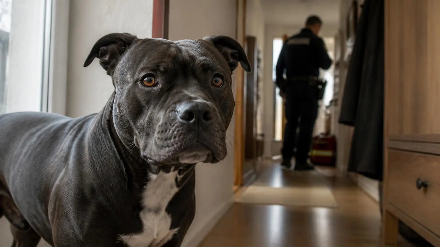 Συμβολική απεικόνιση σκύλου Staffordshire Bull Terrier σε κατοικία με αστυνομική παρουσία στο φόντο
