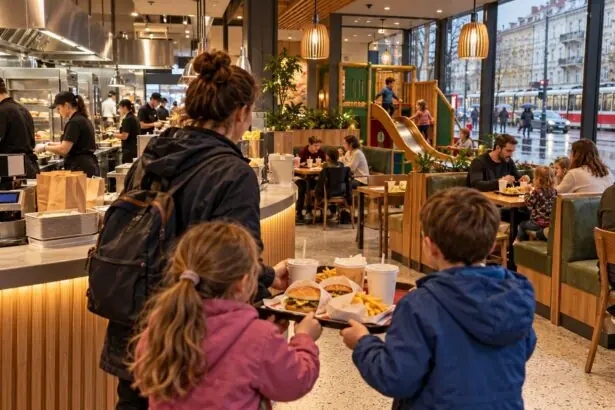 Ανοιχτή κουζίνα σε σύγχρονο εστιατόριο fast food όπου οι πελάτες βλέπουν την προετοιμασία, για την ανακαίνιση των McDonald’s