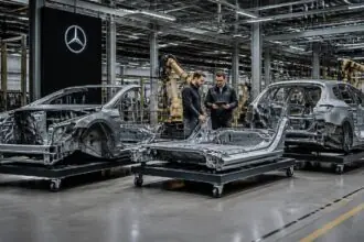 Μηχανικοί εξετάζουν τμήματα αμαξώματος σε γραμμή παραγωγής με το σήμα Mercedes-Benz, σε συμβολική εικόνα.