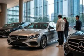 Αυτοκίνητα Mercedes-Benz σε σύγχρονη έκθεση στην Κίνα με επισκέπτες που εξετάζουν τα οχήματα