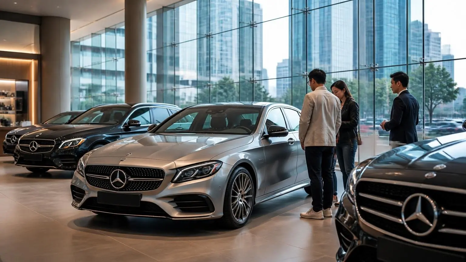 Αυτοκίνητα Mercedes-Benz σε σύγχρονη έκθεση στην Κίνα με επισκέπτες που εξετάζουν τα οχήματα
