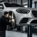 Μηχανικός ελέγχει τον μπροστινό τροχό μιας Mercedes-Benz S-Class μέσα σε συνεργείο αυτοκινήτων.