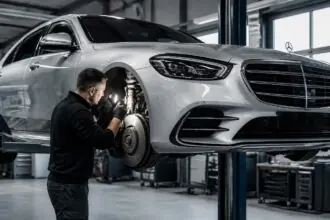 Μηχανικός ελέγχει τον μπροστινό τροχό μιας Mercedes-Benz S-Class μέσα σε συνεργείο αυτοκινήτων.