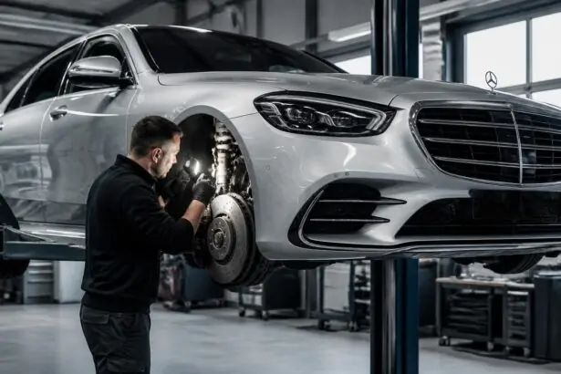 Μηχανικός ελέγχει τον μπροστινό τροχό μιας Mercedes-Benz S-Class μέσα σε συνεργείο αυτοκινήτων.