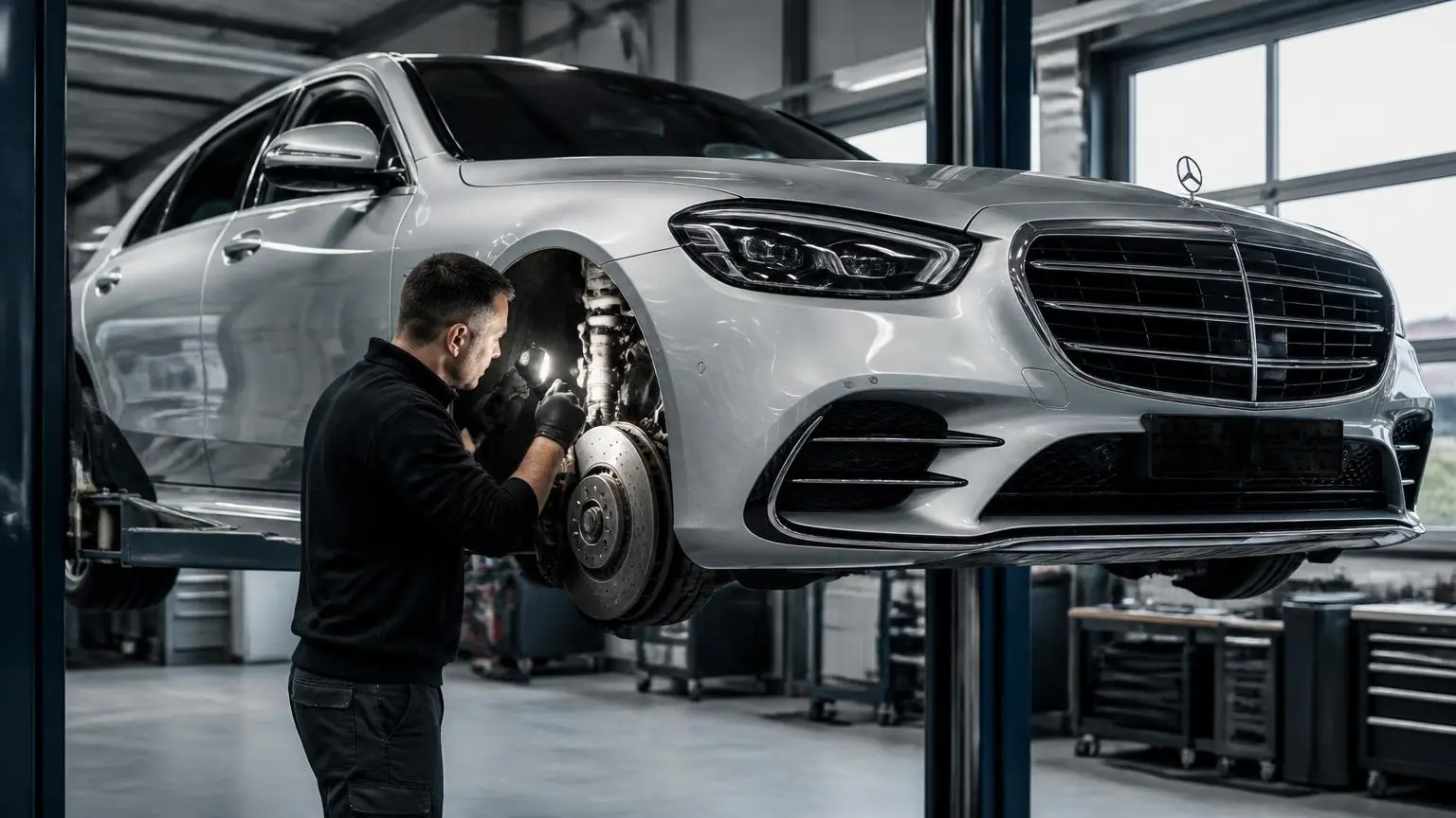Μηχανικός ελέγχει τον μπροστινό τροχό μιας Mercedes-Benz S-Class μέσα σε συνεργείο αυτοκινήτων.