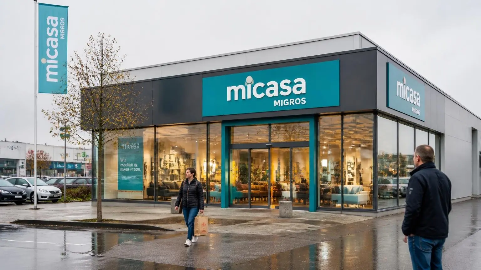 Συμβολική εικόνα καταστήματος επίπλων Micasa στην Ελβετία με πελάτες έξω από την είσοδο