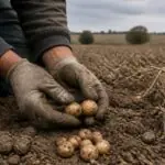 Μικρές πατάτες και χέρια αγρότη πάνω από ξερό χώμα σε καλλιεργούμενο χωράφι.